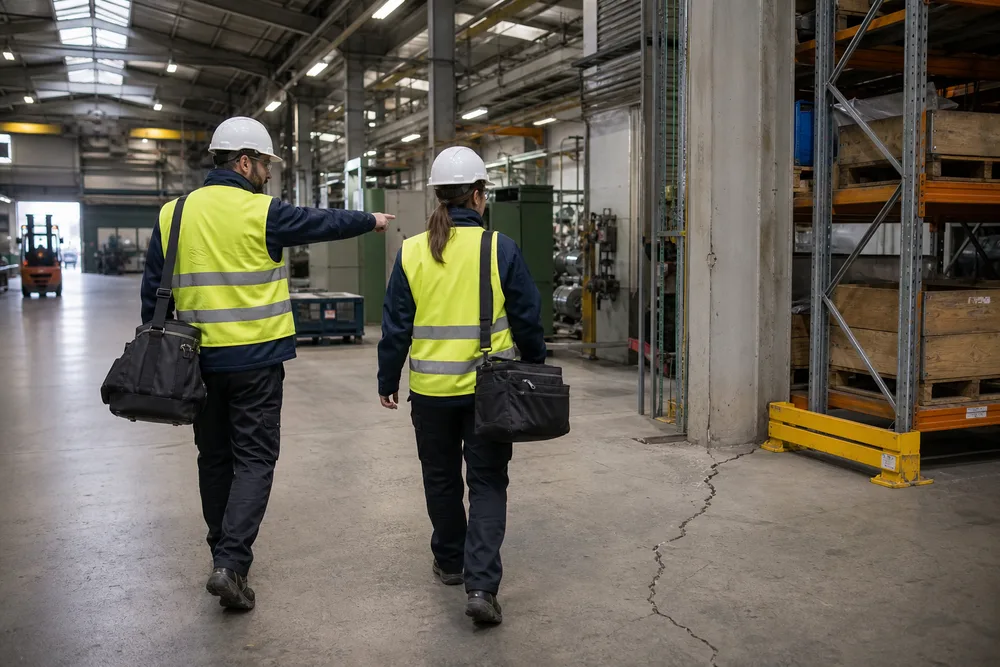 Deux techniciens Expert Fissure en gilet haute visibilité se dirigeant vers une fissure de dallage près d'un rack de stockage dans un atelier industriel