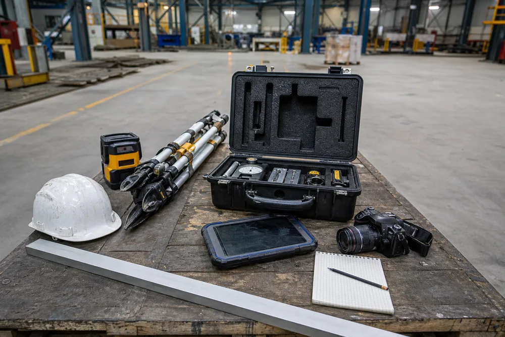 Matériel de relevé structurel (niveau laser, mallette de jauges, règle de contrôle, appareil photo) déployé par l'équipe Expert Fissure dans un atelier industriel