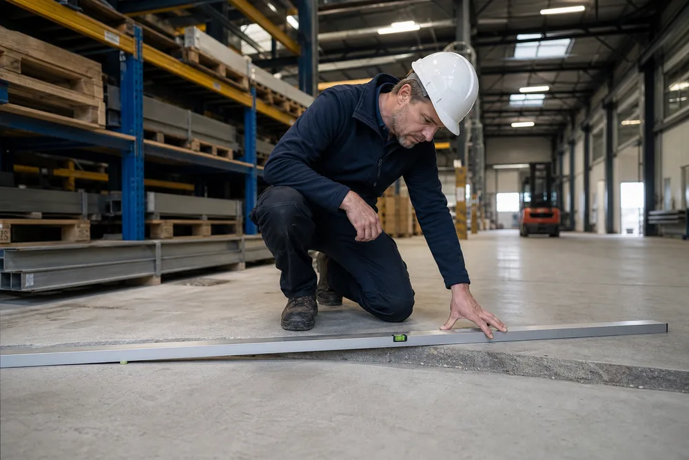 Ingénieur Expert Fissure agenouillé mesurant un désaffleurement de dallage industriel avec une règle de contrôle, entre deux racks de stockage