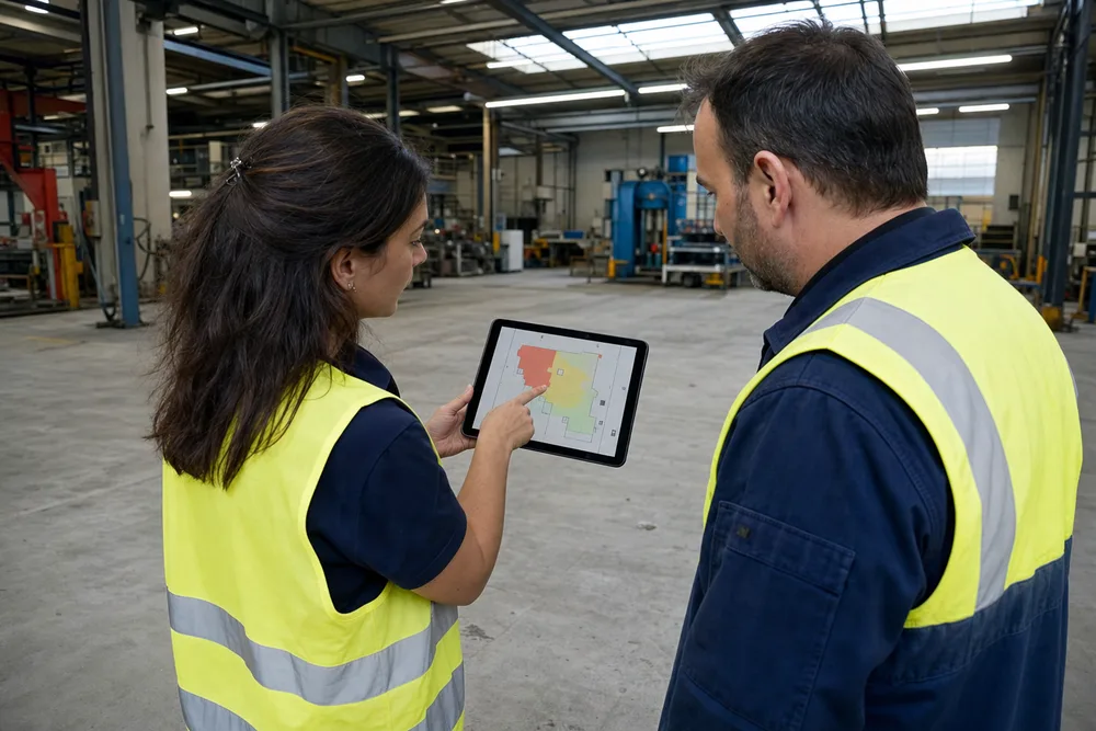 Experte Expert Fissure présentant sur tablette la cartographie des désordres de dallage au responsable maintenance dans un atelier industriel
