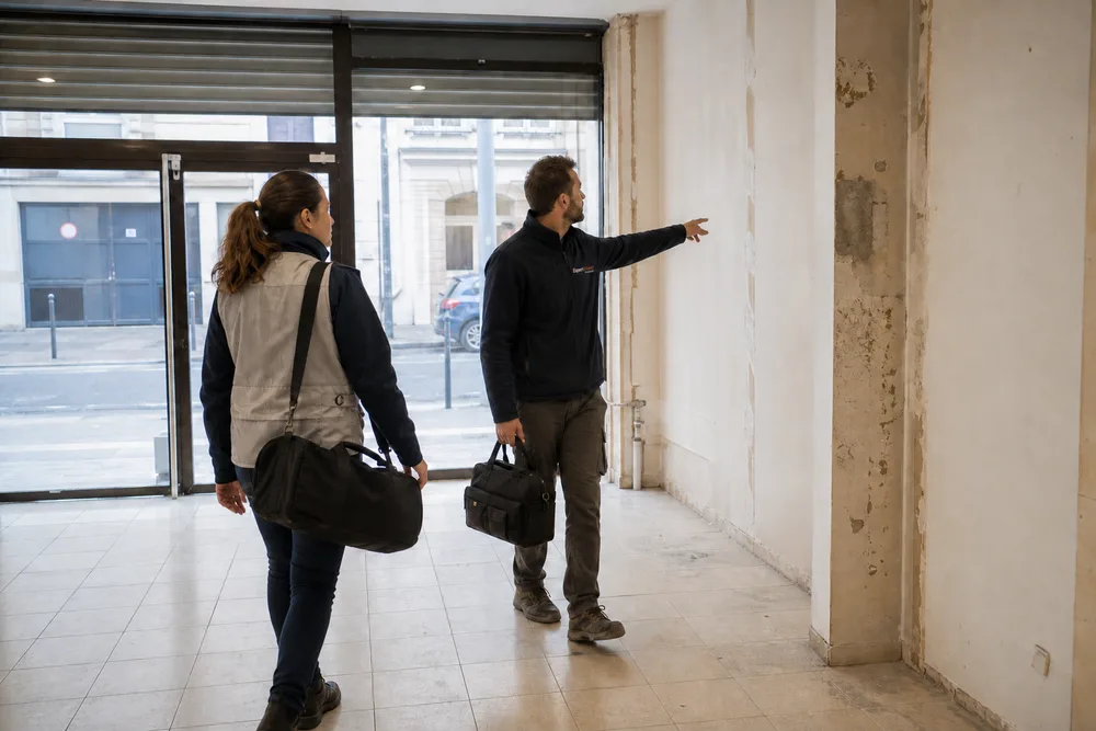 Deux techniciens Expert Fissure approchant ensemble d'un mur endommagé dans un local commercial francilien en cours de diagnostic