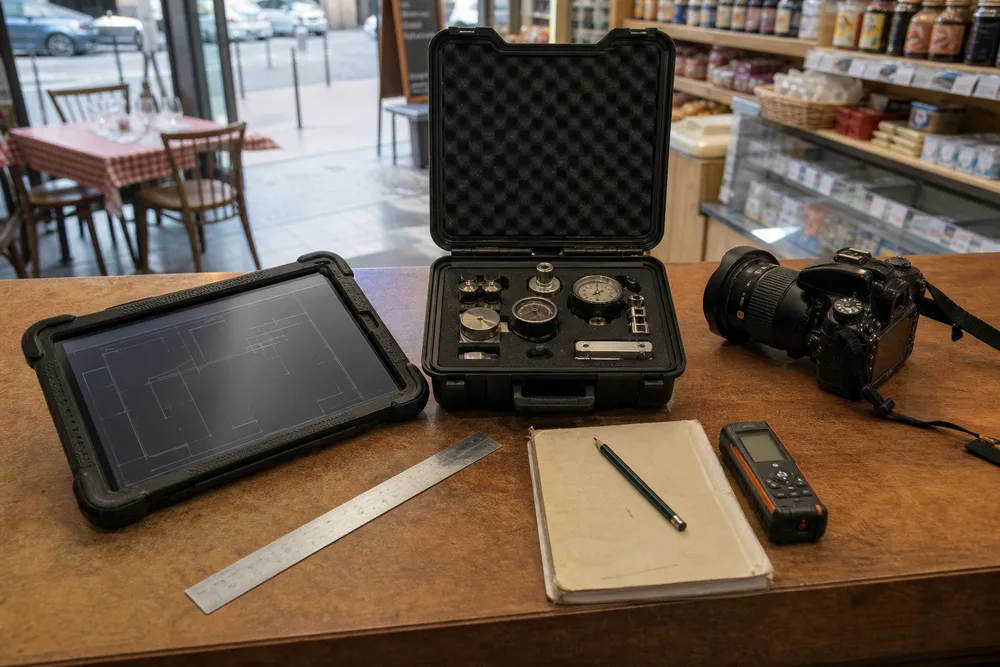 Matériel de relevé structurel (tablette, appareil photo, mallette de jauges, carnet de terrain) posé sur le comptoir d'un commerce francilien