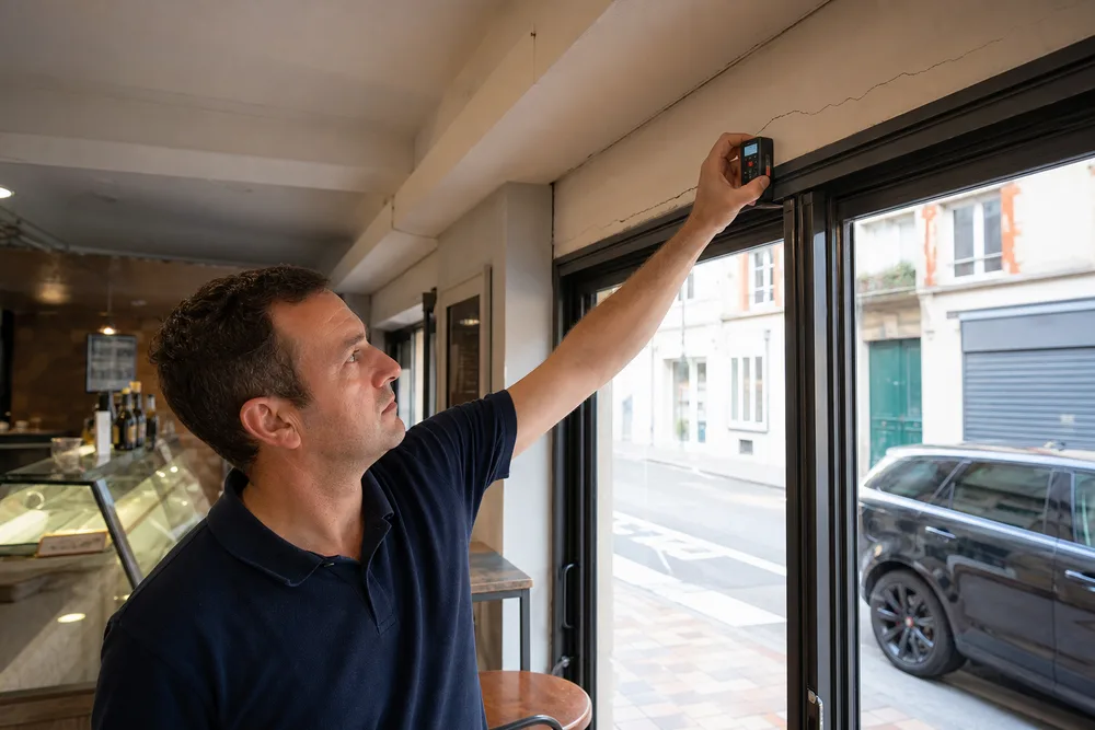 Ingénieur Expert Fissure mesurant au mètre laser une fissure au-dessus de l'encadrement intérieur d'une vitrine, dans une boutique francilienne