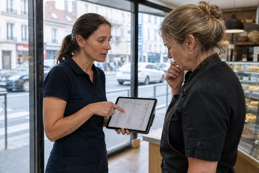 Experte Expert Fissure présentant sur tablette la cartographie des fissures à une commerçante devant la vitrine de sa boutique