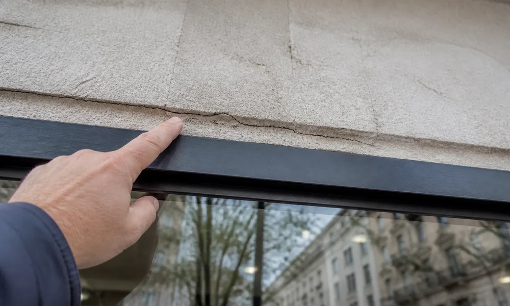 Détail d'une fissure au-dessus d'un linteau de vitrine commerciale mesuré par un expert Expert Fissure IDF