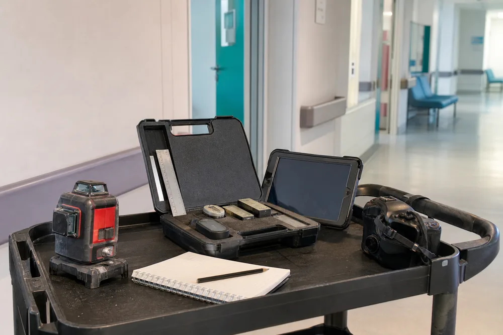 Matériel de relevé structurel (niveau laser, mallette de jauges, tablette, appareil photo) déployé sur un chariot de service dans un couloir institutionnel