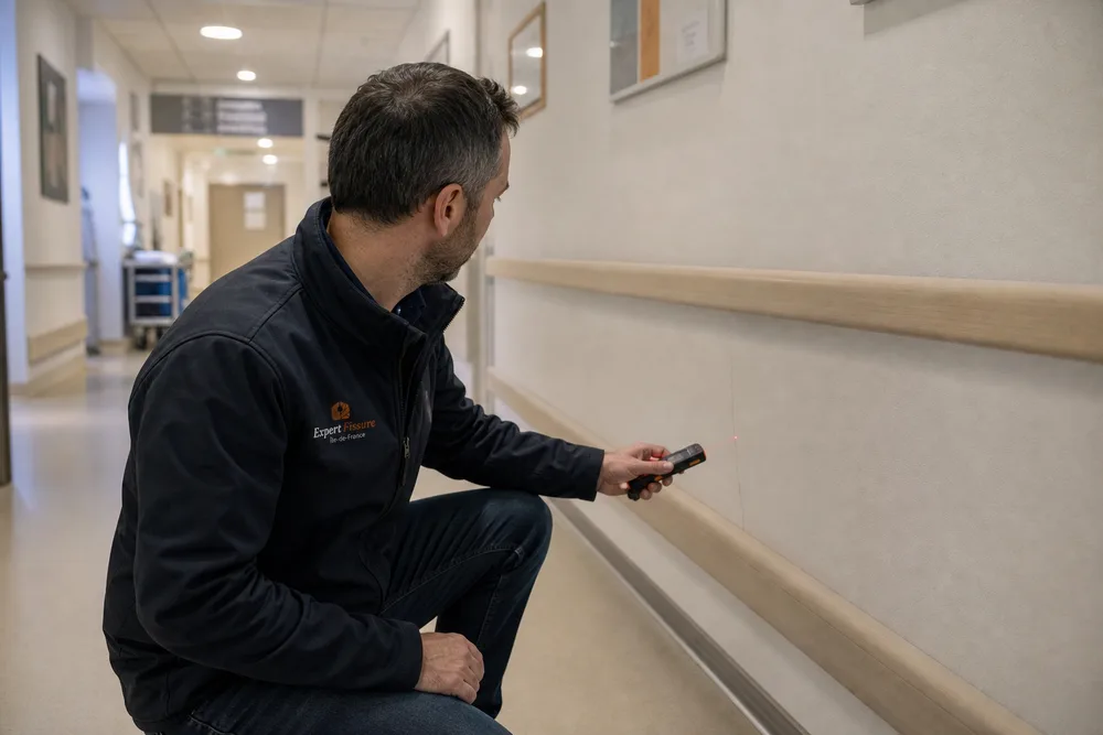 Ingénieur Expert Fissure relevant au mètre laser une fissure dans un couloir d'établissement de santé, sans perturber la continuité de service