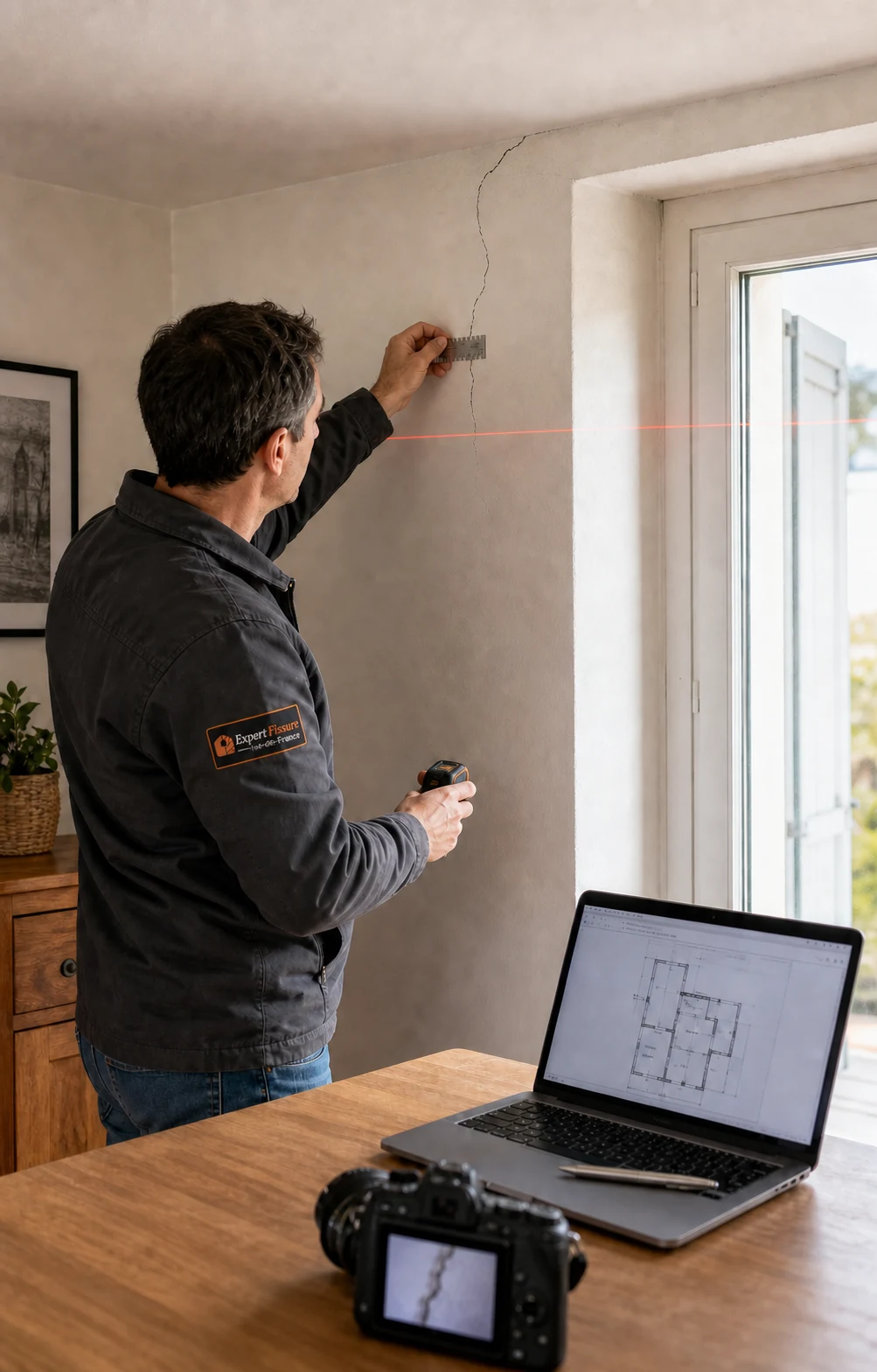 Expert mesurant au réglet une fissure de plafond, télémètre laser en main, plan de l'appartement à l'écran.