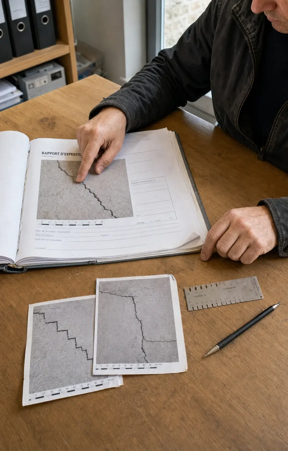 Devis d'expertise détaillant le tarif selon la complexité, mesures de fissures au réglet et au pied à coulisse.