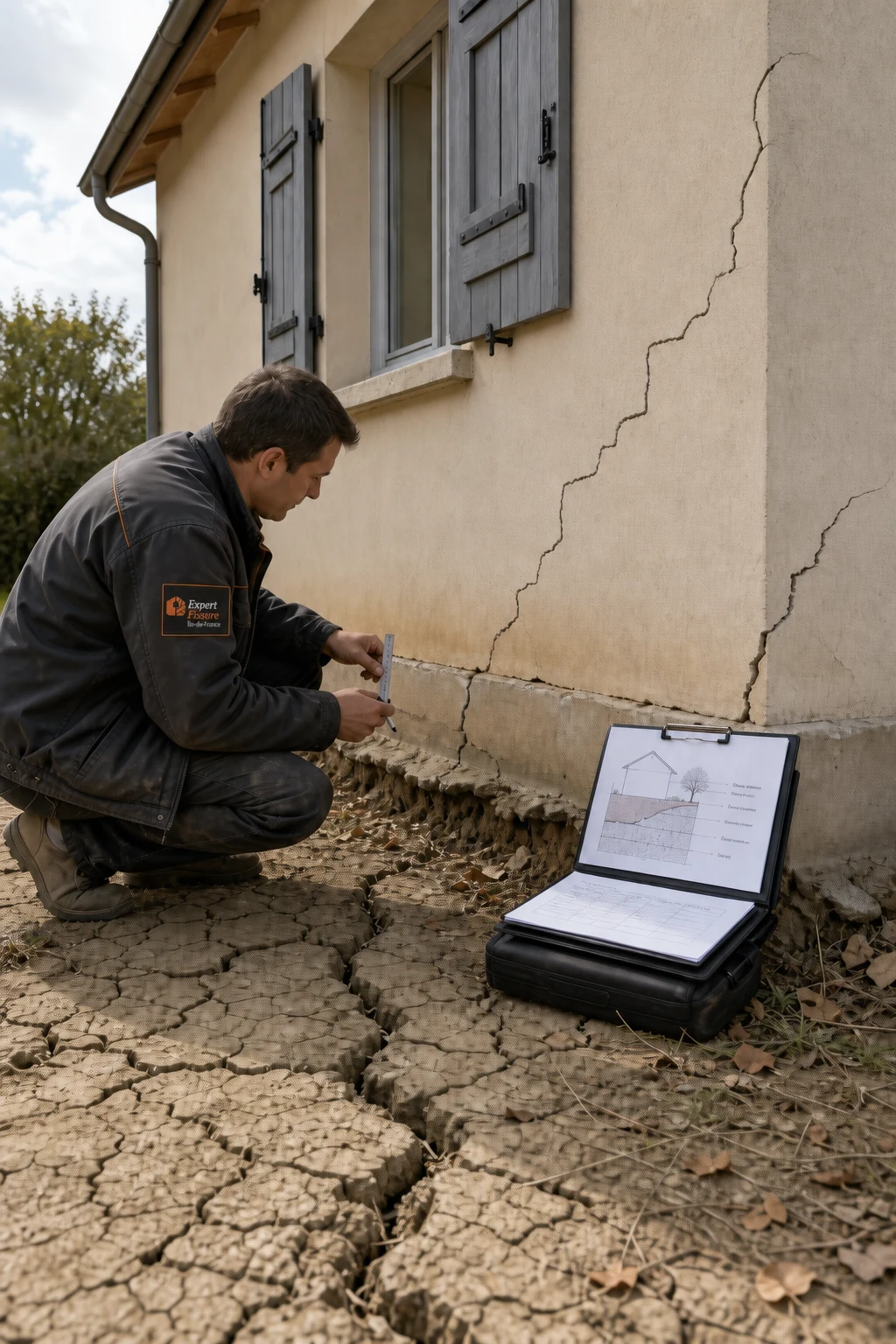 Expert accroupi mesurant une fissure sous une fenêtre, au-dessus d'un sol argileux fissuré par la sécheresse, avec une mallette de diagnostic ouverte.