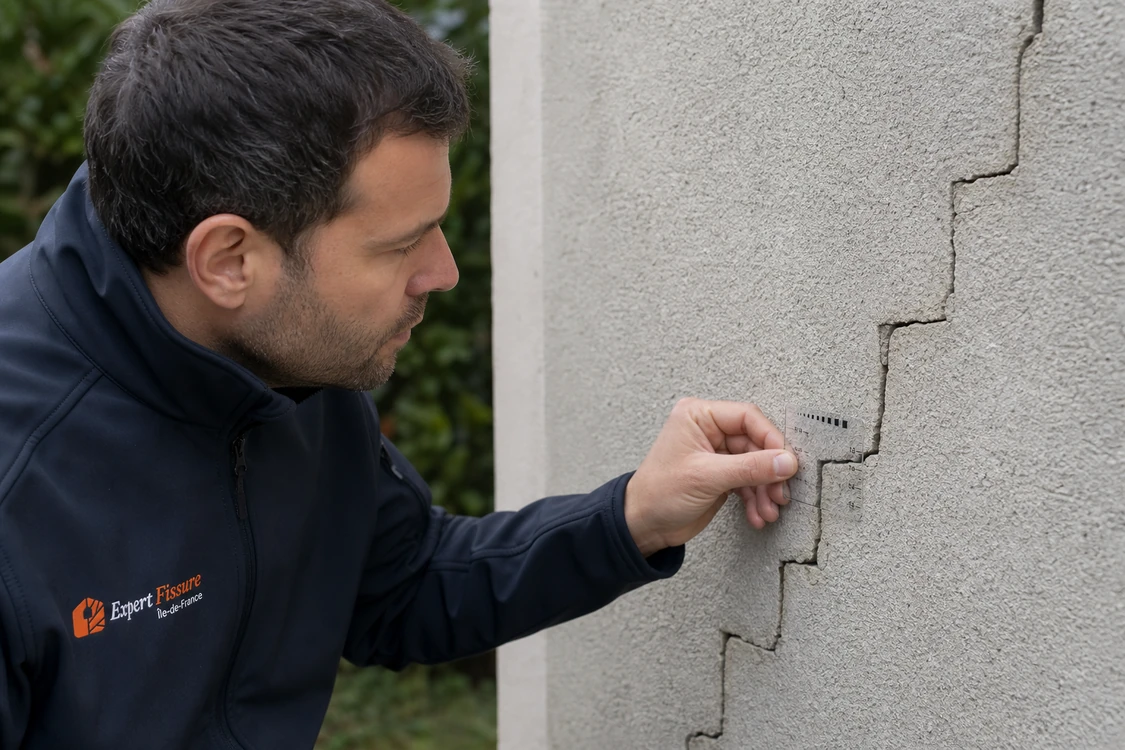 Expert examinant de près le tracé d'une fissure en escalier avec une jauge de comparaison, softshell Expert Fissure Île-de-France