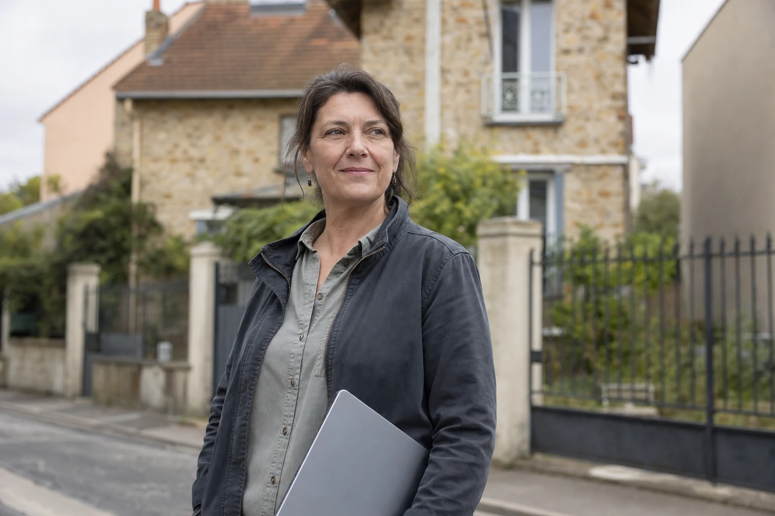 Expert indépendant debout devant un pavillon francilien avec une tablette neutre à la main.