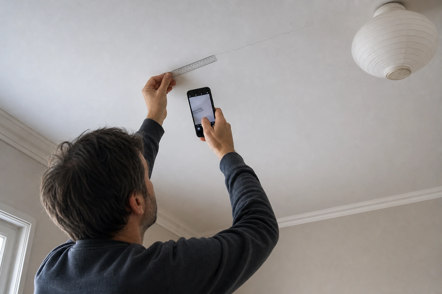 Propriétaire photographiant au smartphone une fissure de plafond, réglet à l'appui pour l'échelle.