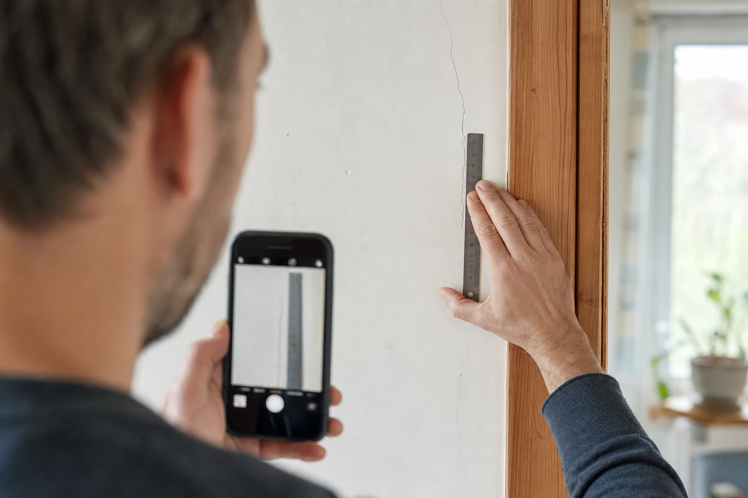 Un propriétaire photographie une fine fissure près d'un encadrement de porte, avec un réglet posé contre le mur pour en mesurer l'ouverture.