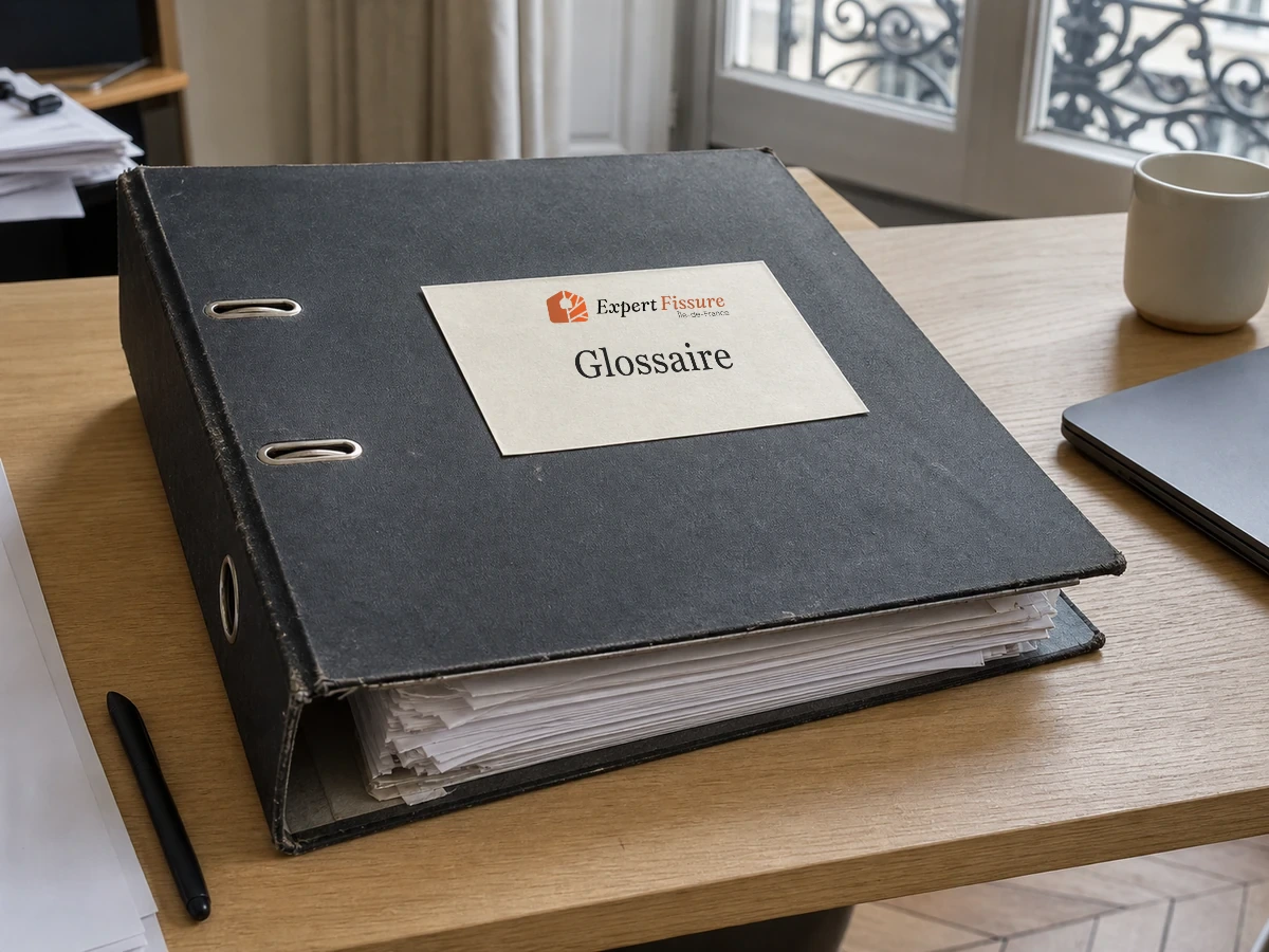 Classeur à levier gris rempli de feuillets, avec une étiquette Expert Fissure Île-de-France « Glossaire » sur la couverture, posé sur un bureau en bois clair dans un bureau parisien.