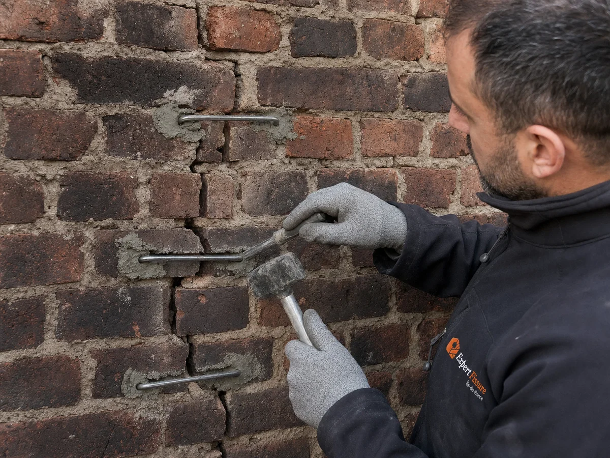 Expert scellant une agrafe métallique le long d'une fissure en escalier sur un mur en briques