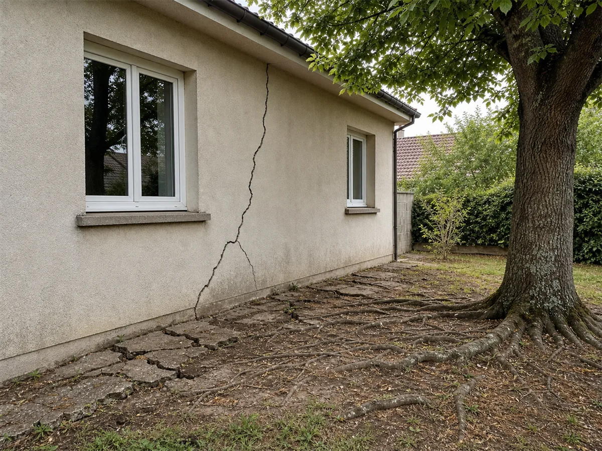 Fissure de façade proche d'un arbre, avant pose de barrière anti-racines