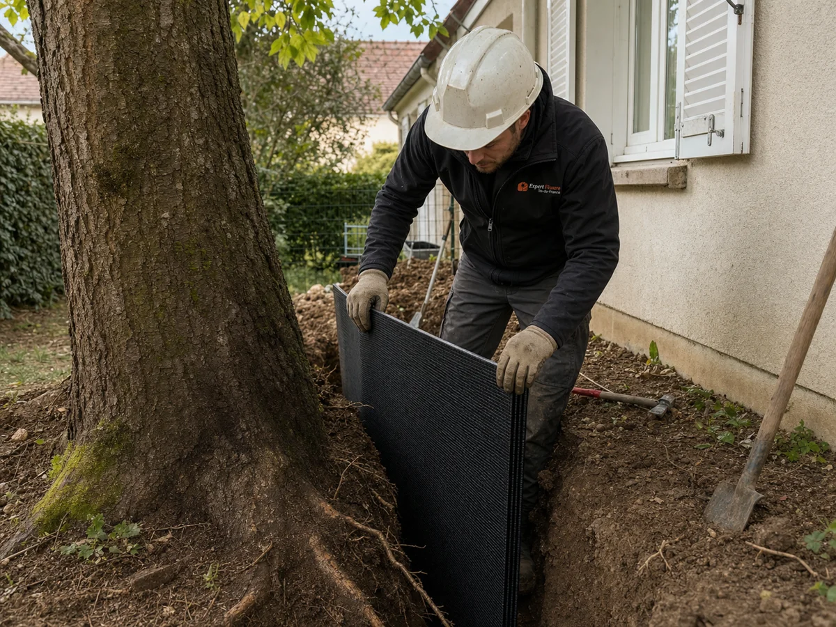 Expert installant une barrière anti-racines dans une tranchée entre un arbre et une façade de maison