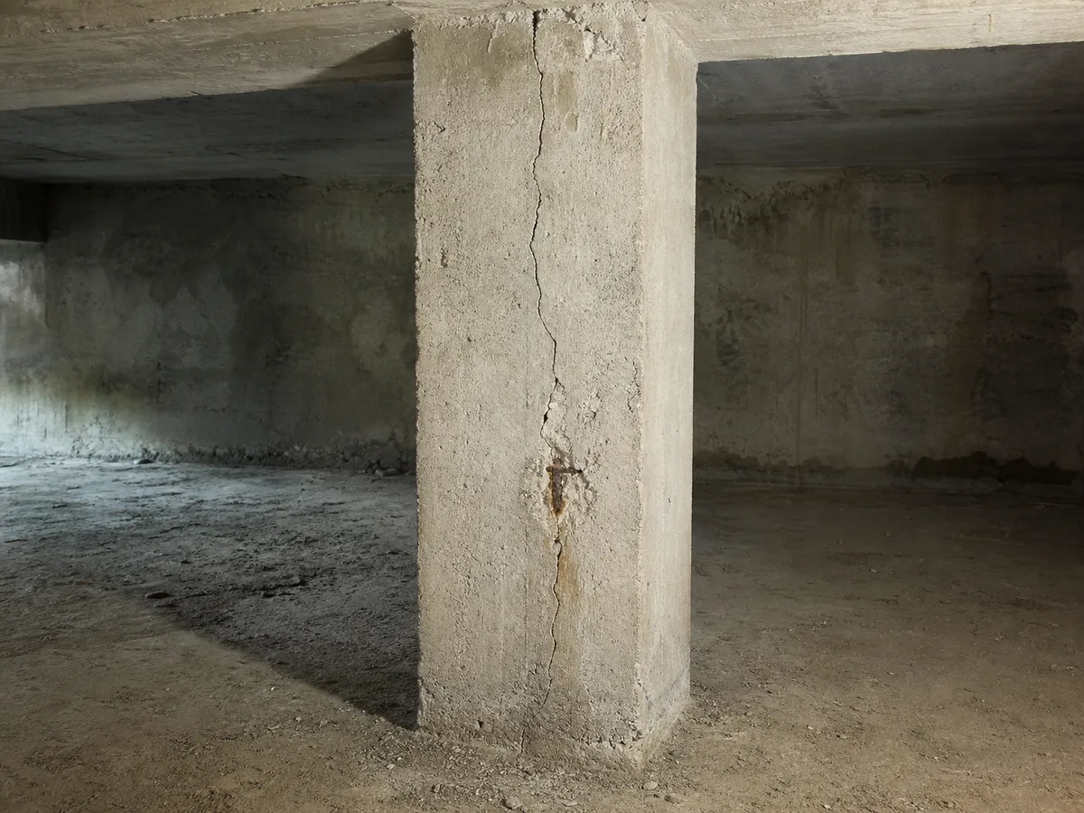 Poteau béton avec fissure et armature apparente, avant chemisage