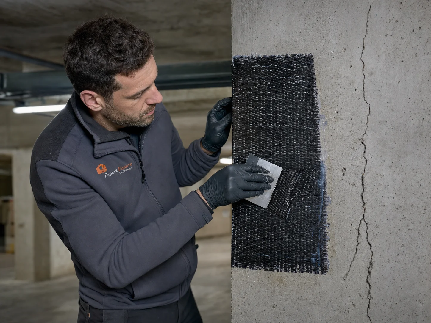 Expert marouflant un tissu de fibre de carbone sur un poteau en béton fissuré en sous-sol