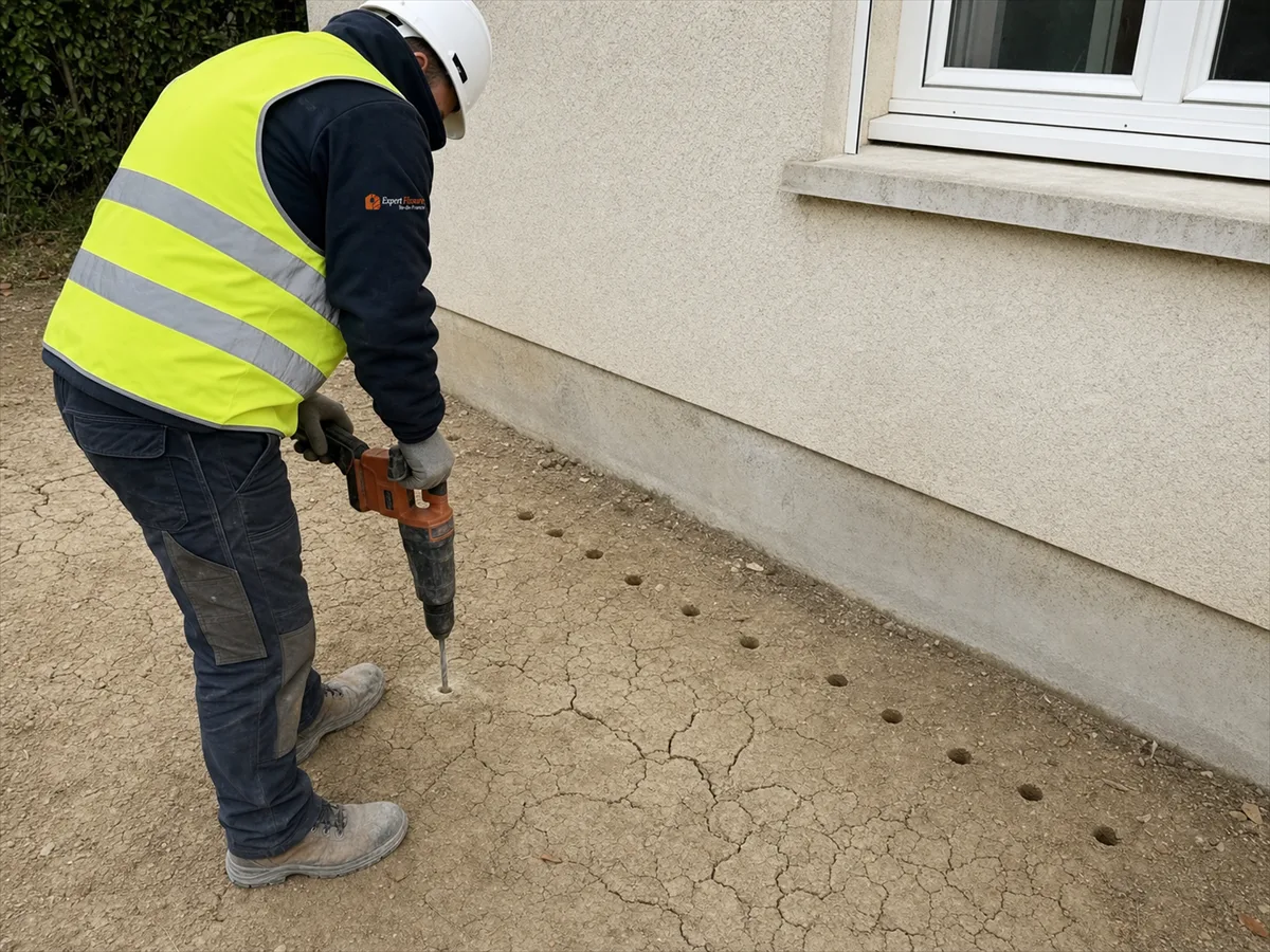 Expert Expert Fissure Île-de-France injectant une résine consolidante dans un sol argileux en périphérie de fondation