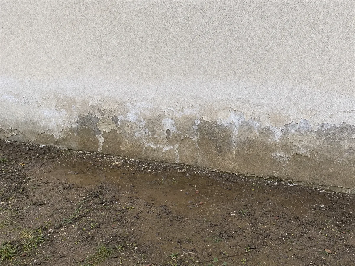 Mur de soubassement avec traces d'humidité et fissures, avant pose de drainage périphérique