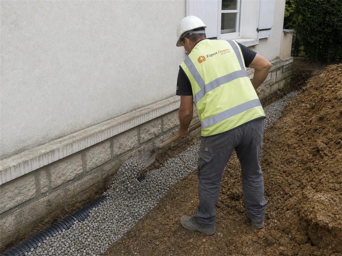 Expert Expert Fissure Île-de-France posant un drain agricole avec pente régulière dans une tranchée périphérique