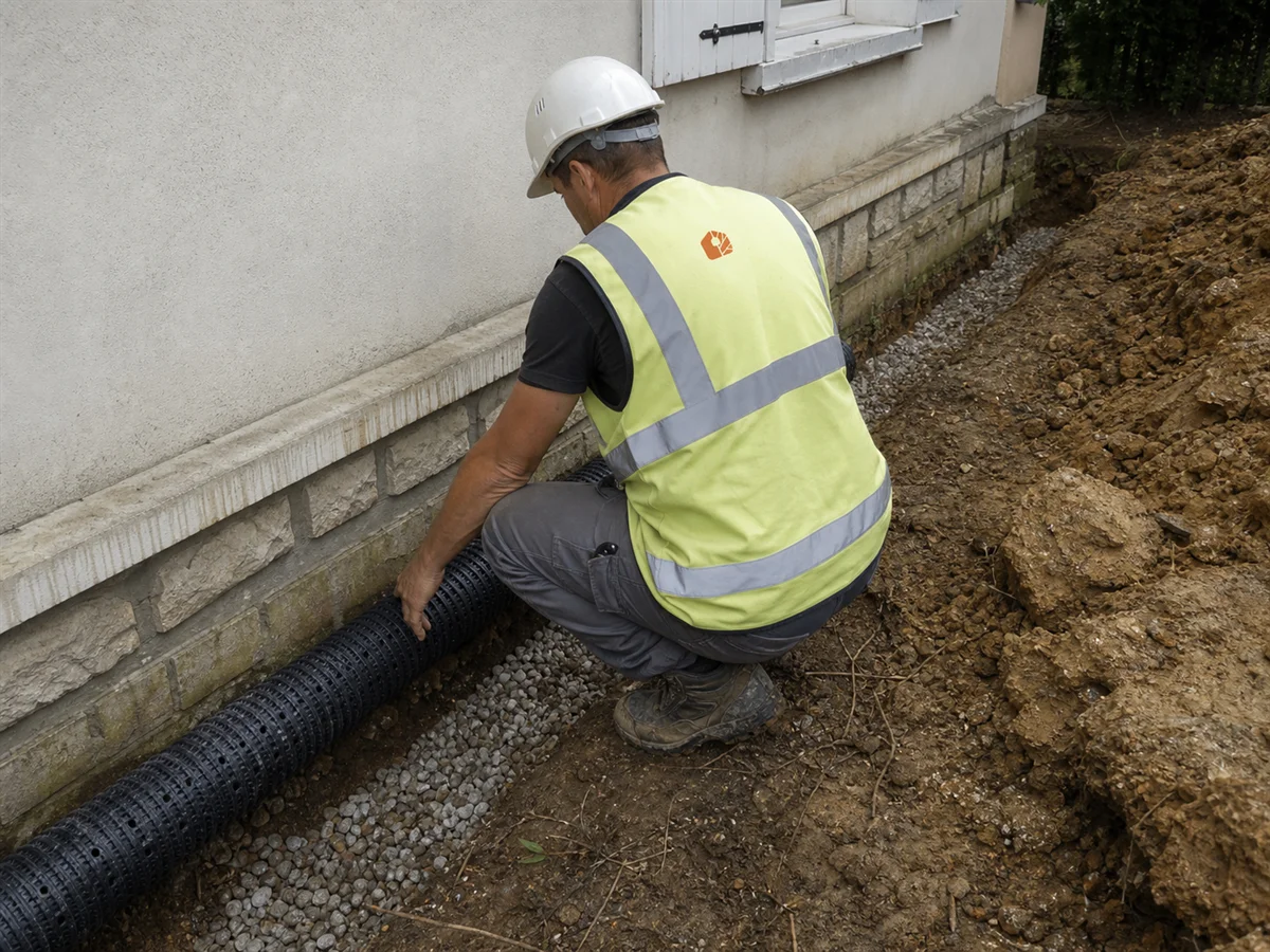 Expert installant un drain périphérique entouré de gravier dans une tranchée le long d'un mur de maison