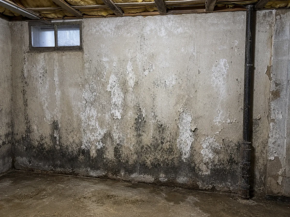 Mur de soubassement humide avec traces d'infiltration, avant application d'étanchéité