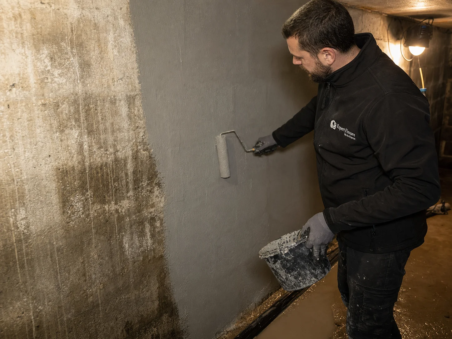Expert appliquant un cuvelage d'étanchéité sur un mur enterré de sous-sol humide