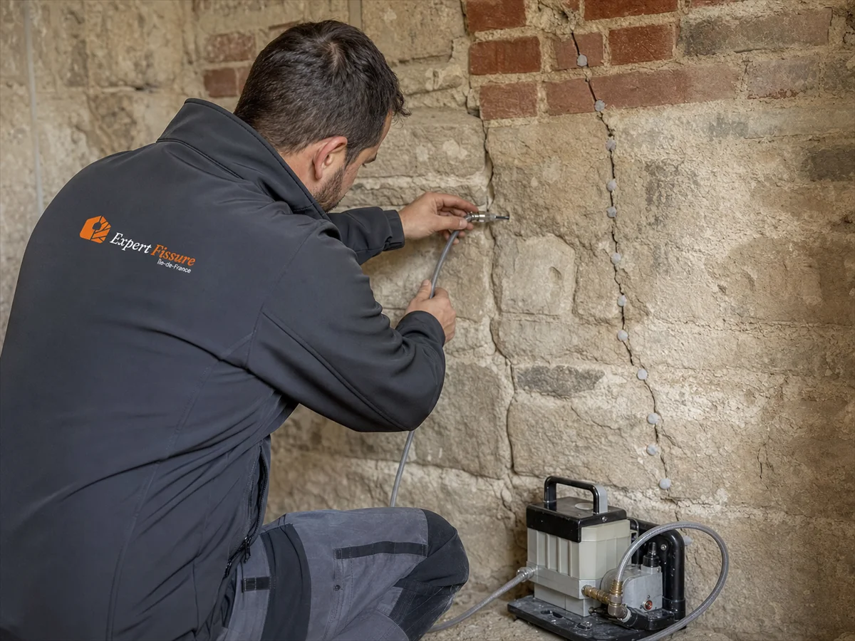 Expert injectant une résine à faible expansion dans un mur ancien en pierre le long d'une ligne de forages