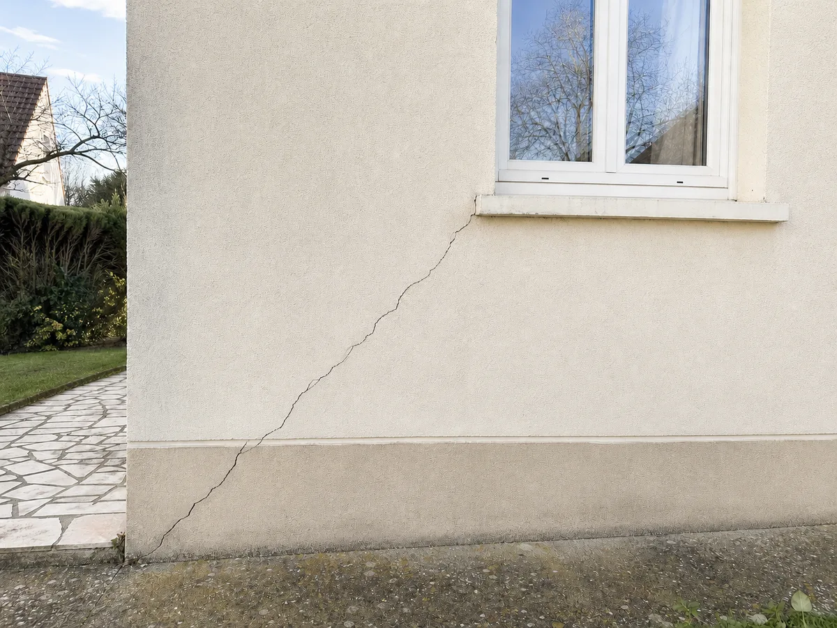 Façade avec fissures de tassement en escalier, avant injection de résine dans le sol