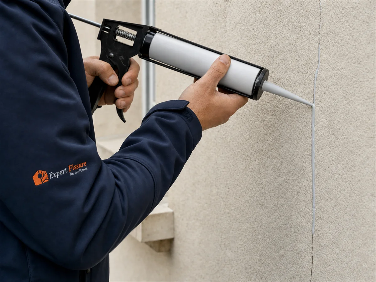 Expert appliquant un mastic polymère hybride au pistolet sur une fissure fine de façade