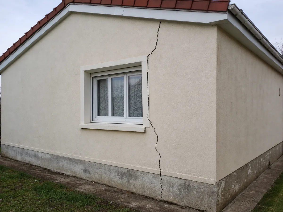 Angle de façade affaissé avec fissures ouvertes, avant enfoncement de micropieux actifs
