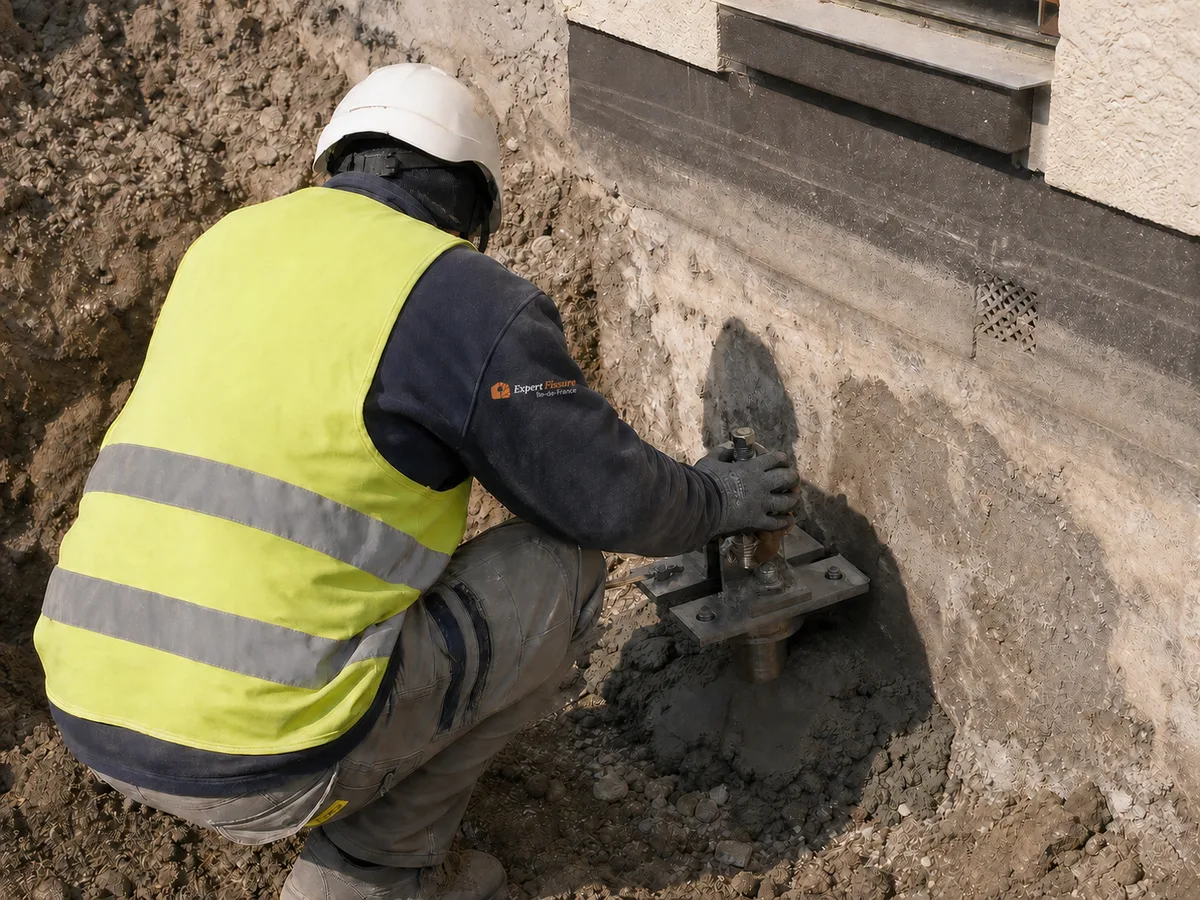 Expert Expert Fissure Île-de-France pilotant un vérin hydraulique pour l'enfoncement d'un micropieu actif