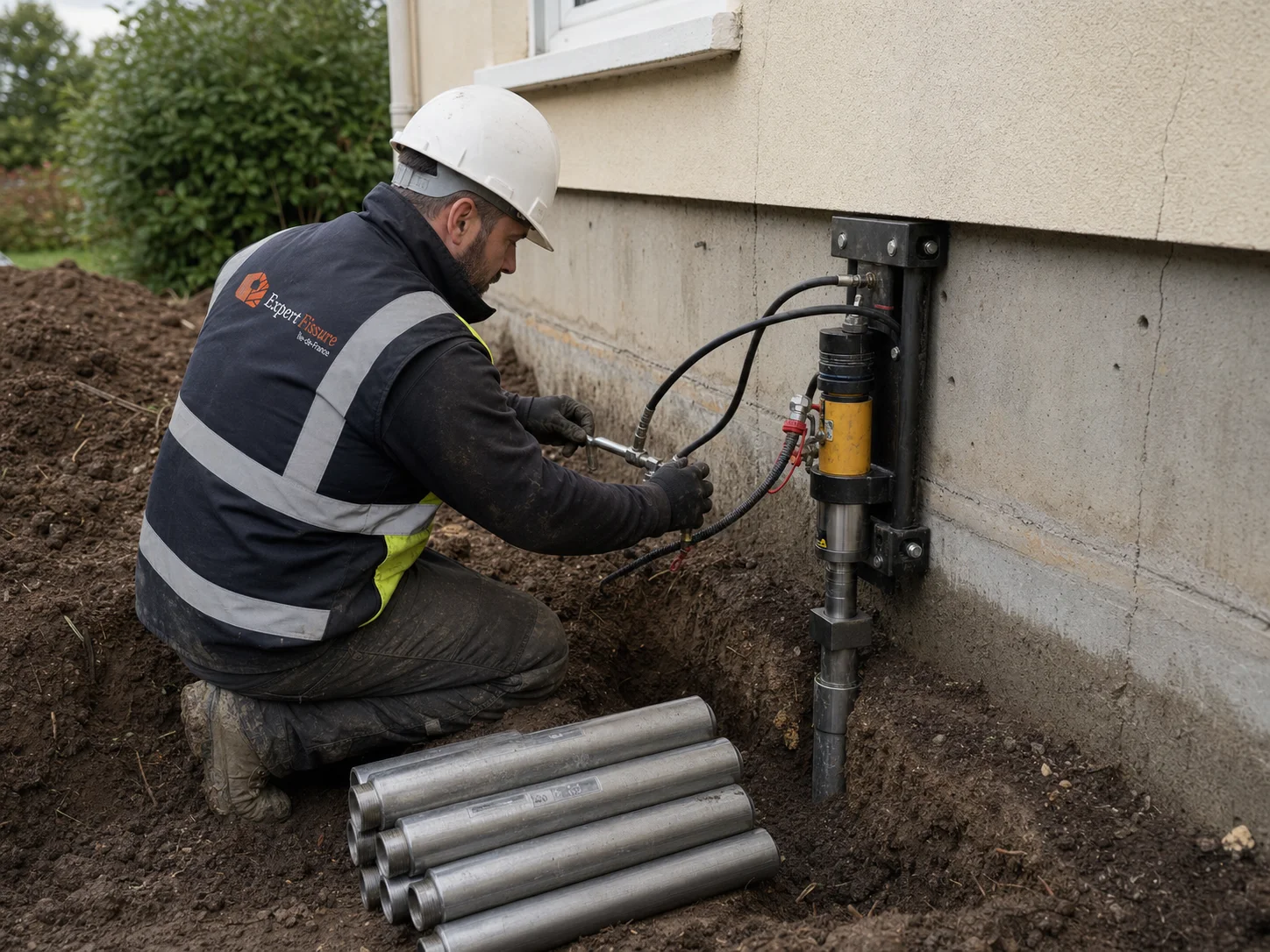 Expert enfonçant un micropieu actif par pression avec pinces d'ancrage au pied d'un mur
