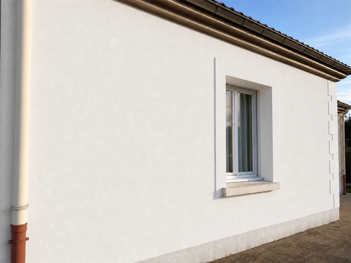 Même façade après rebouchage et application de la peinture réfléchissante, surface uniforme et blanche