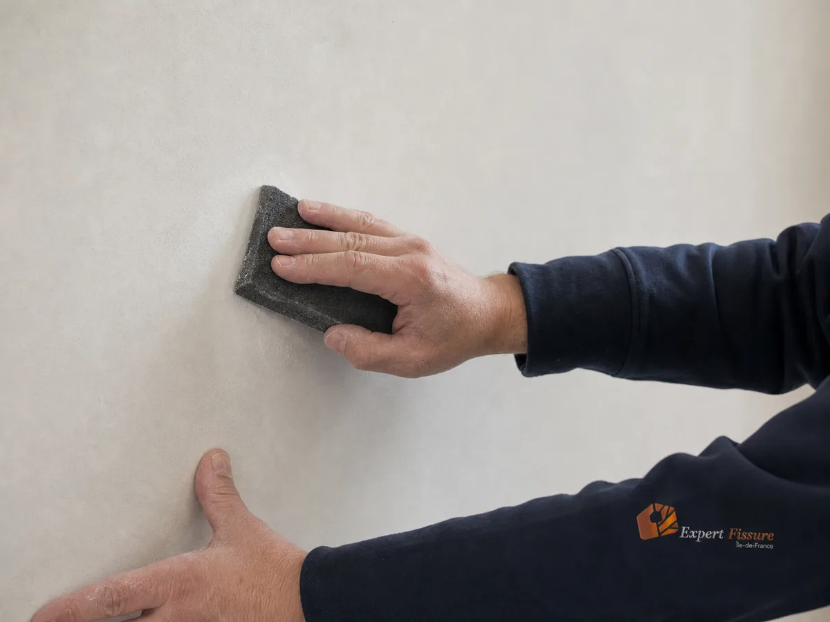 Expert Expert Fissure Île-de-France ponçant à l'éponge abrasive un enduit de rebouchage sur un mur intérieur