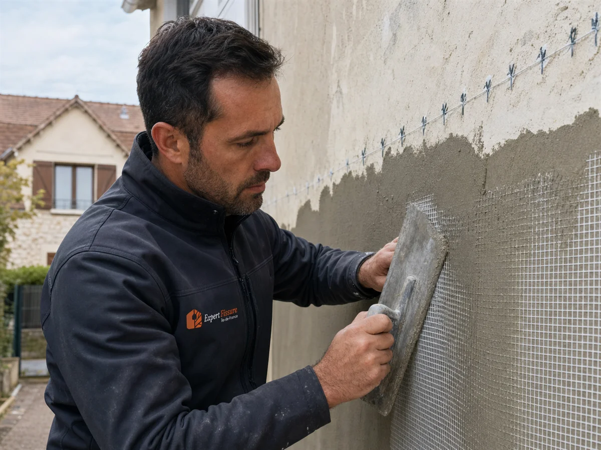 Expert appliquant un enduit armé de fibre de verre après agrafage d'une fissure de façade