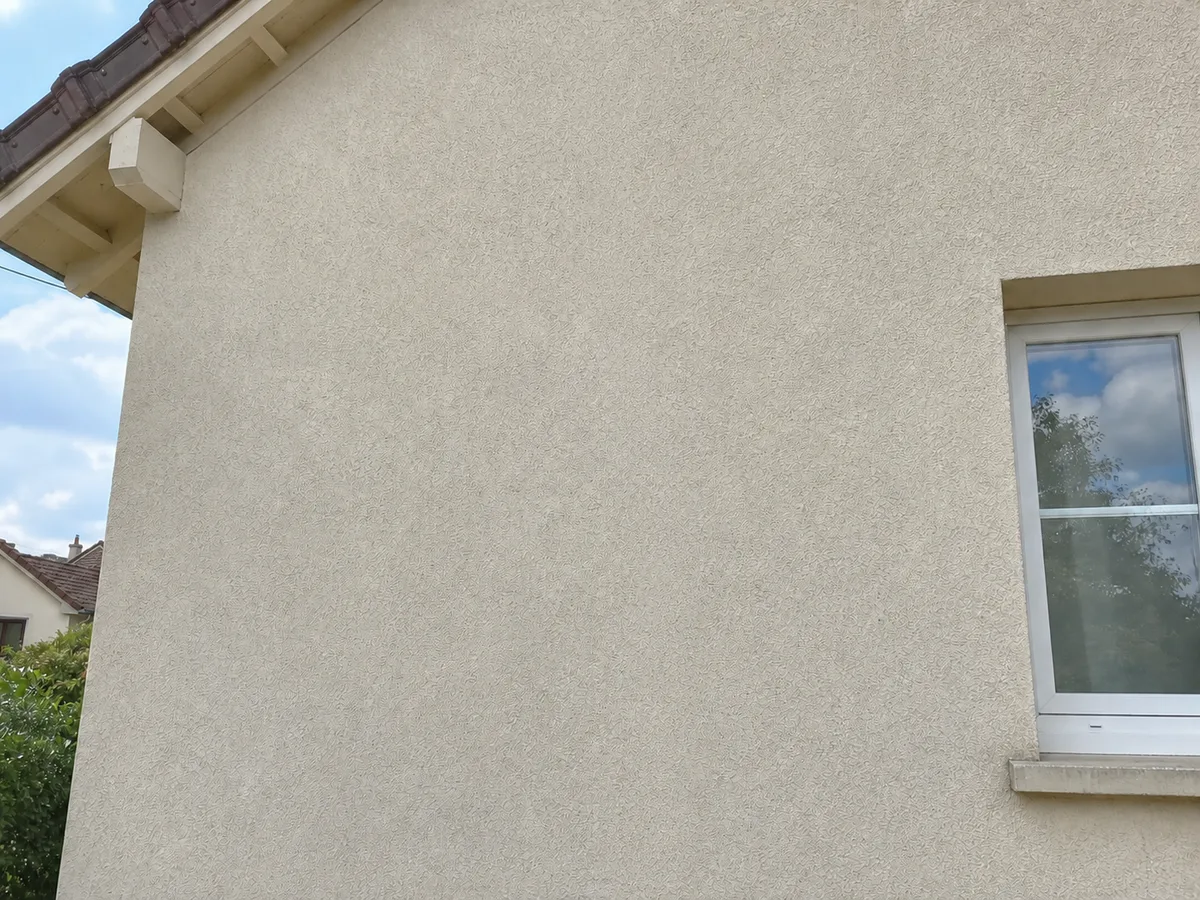 Même façade après pose de bande armée, rebouchage et reprise de peinture