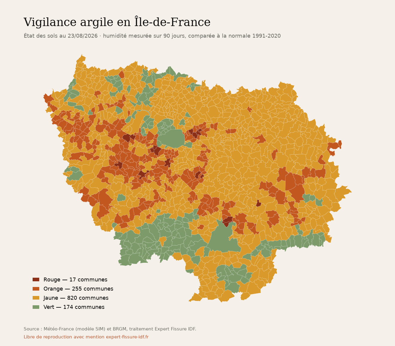 Carte de vigilance argile des communes d'Île-de-France au 23/08/2026
